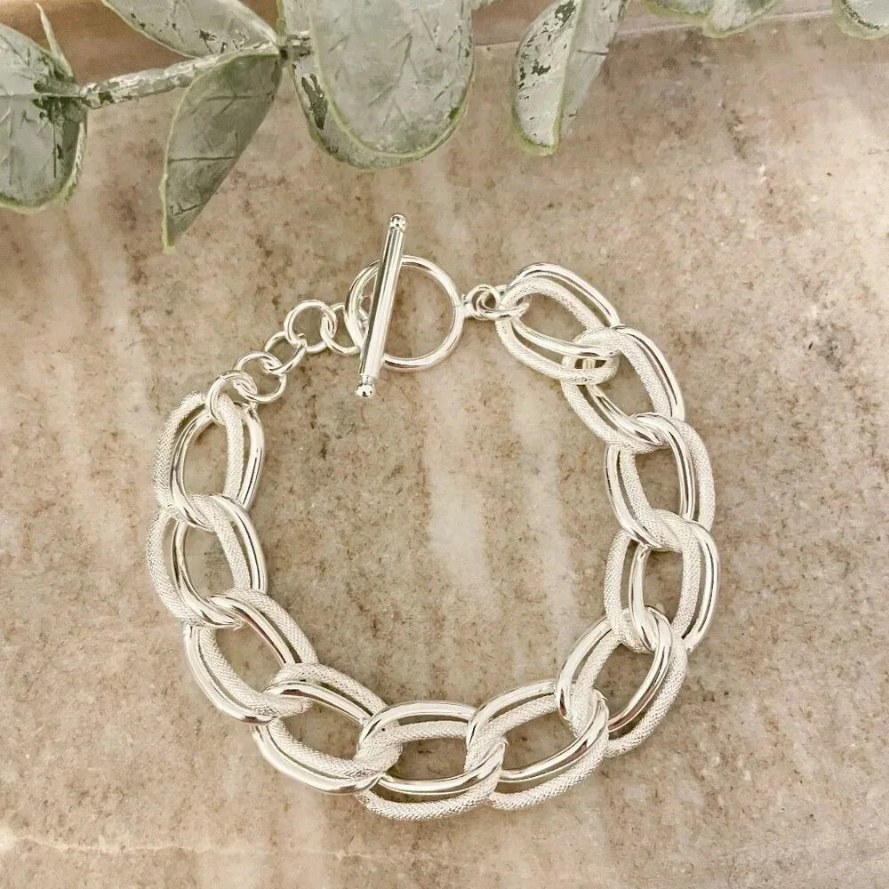 925 Sterling Silver Chunky Chain Link Toggle Bracelet Silver Statement Bracelet - Picture 2 of 8